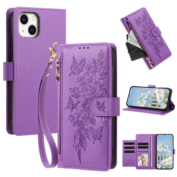 Funda Billetera Floral en Relieve iphone15 plus con Tarjetero y Cremallera Morado