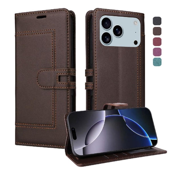 Premium Wallet Case for iPhone 17 Pro Max with Card Slots & Kickstand, Flip Cover Brown