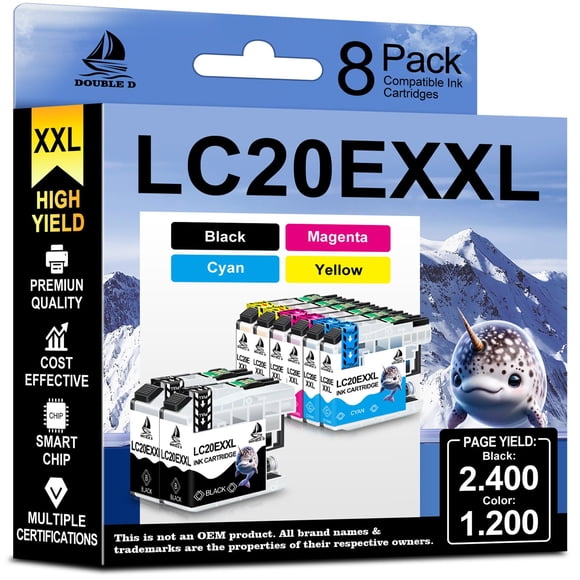 Cartucho de tinta DOUBLE D LC20E XXL, paquete de 8 unidades para impresora Brother