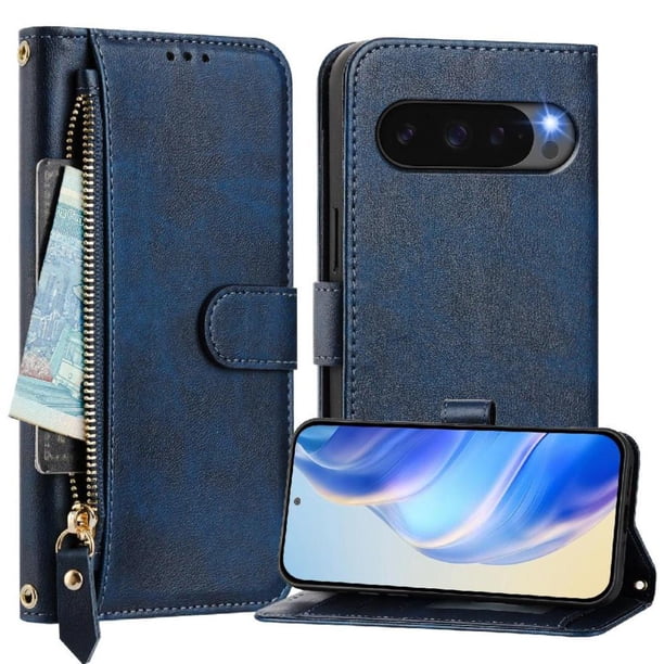 Funda Billetera Cremallera para Google Pixel 10 Pro XL 5G con Porta Tarjetas, Soporte y Correa Azul