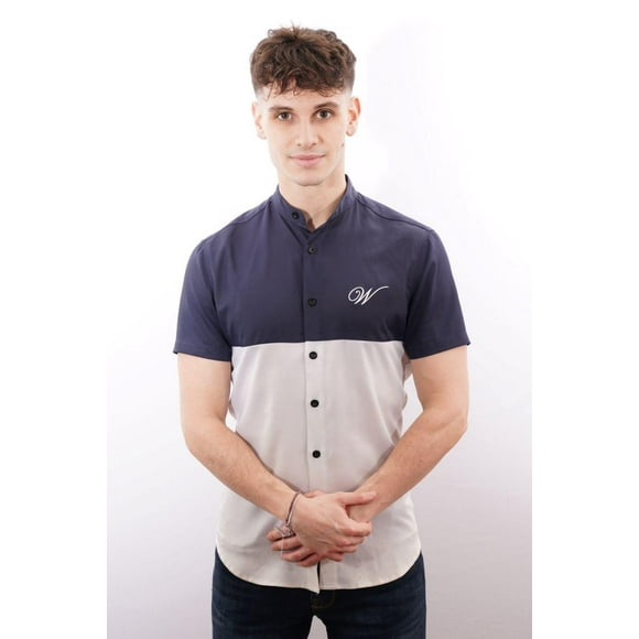 camisa Bi color azul y blanco manga corta fit
