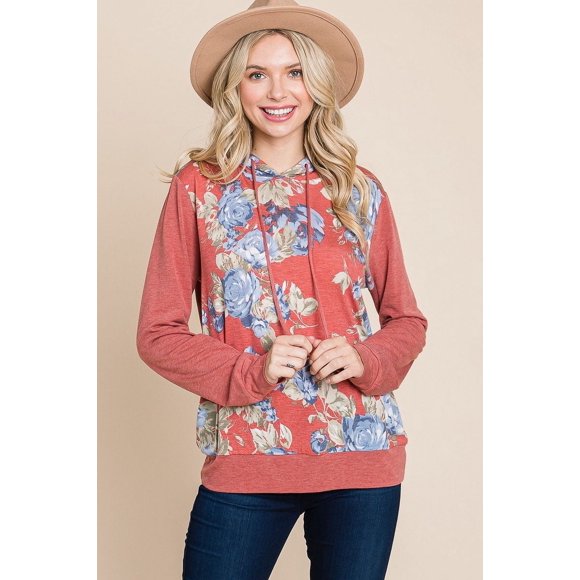 Sudadera con Capucha en Contraste con Estampado Floral, Ajuste Relajado y Detalle en los Puños.