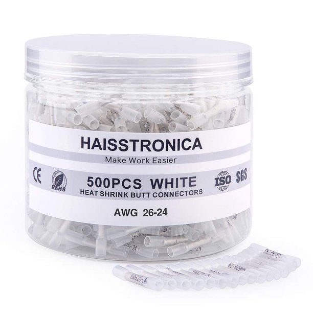500 conectores a tope termorretráctiles blancos de Haisstronica, calibre 26-24, aislantes, impermeables, conectores de empalme engarzado marinos y automotrices