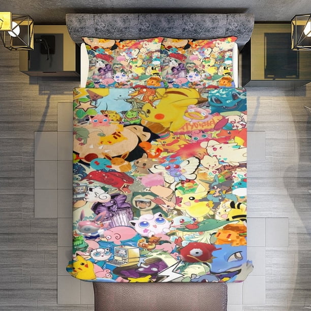 3 Piece Bedding SetPokemon Pikachu Comforter Set for Kids Boys Teen Tween 3D Lightweight Microfiber Bedding Sets