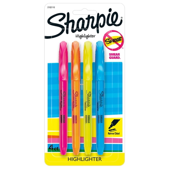 Sharpie® Marcadores Resaltadores de Bolsillo, Punta de Cincel, Colores Fluorescentes Surtidos, Pack de 4