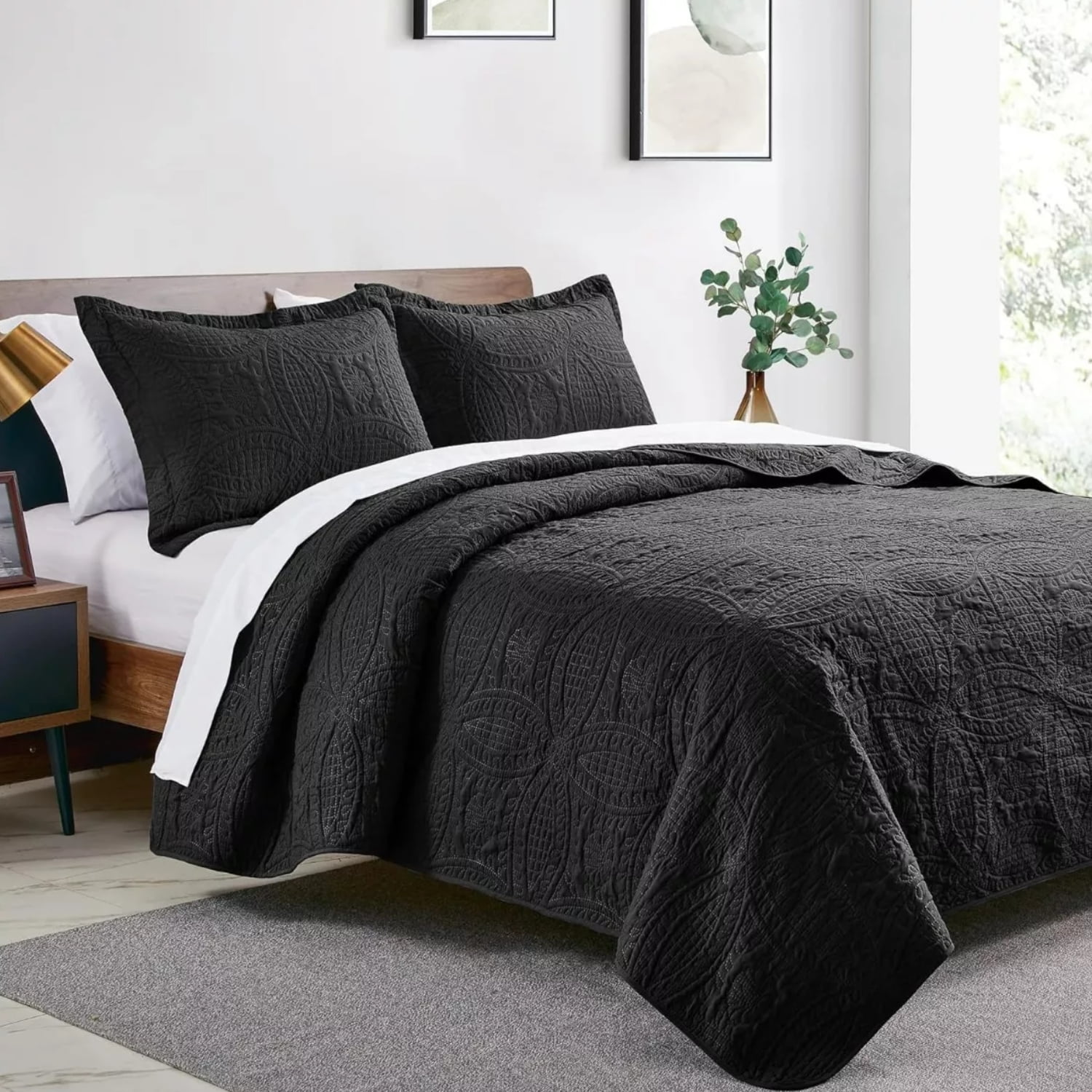 Importclick - Cubrecama Quilt Reversible Queen 228x228 Cm Más Fundas Almohada Negro