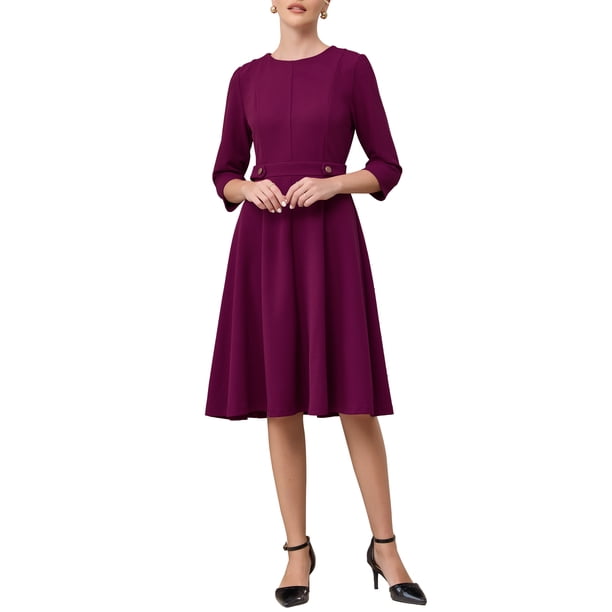 Vestido Elegante de Línea A para Mujer INSPIRE CHIC Cuello Redondo Manga 3/4 Vestido Ajustado y Acampanado para Trabajar S Púrpura