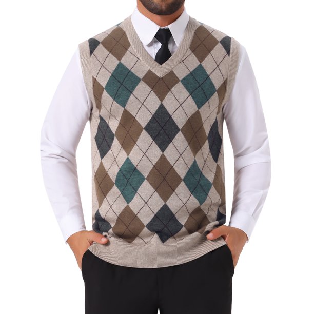 INSPIRE CHIC Chaleco de Punto Casual sin Mangas con Cuello en V a Cuadros Argyle para Hombre M Marrón Claro