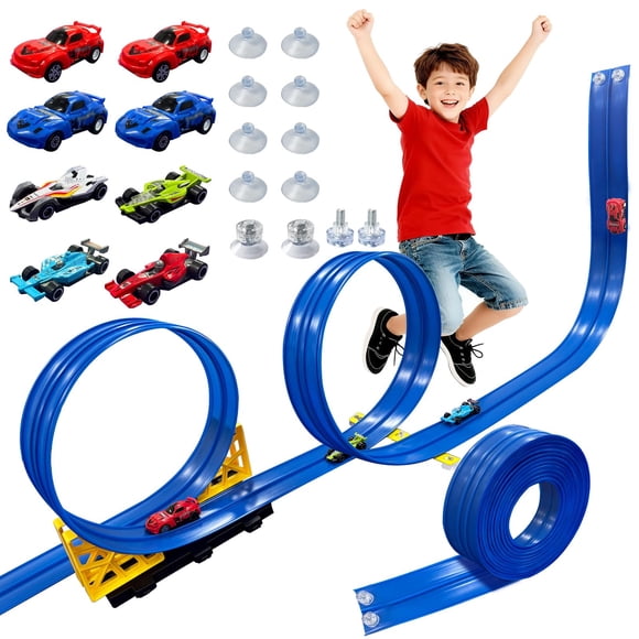 Pista de carreras RuoKmaxx de 16.5 pies con 8 autos de carreras para niños de 3 a 8 años, azul