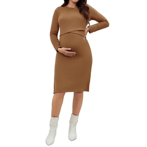 INSPIRE CHIC Vestido de maternidad para mujer de manga larga, cuello redondo suave, vestido midi ajustado para embarazo XL marrón