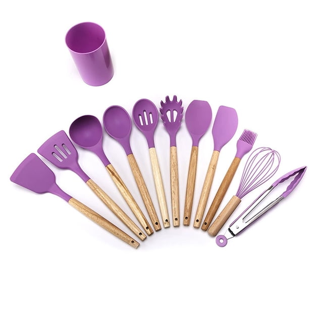 Utensilios De Cocina De Silicona, 12 Piezas, Sartén Antiadherente, Utensilios De Cocina, Espátula Con Mango De Madera, Cuchara Sopera, Raspador, Traje