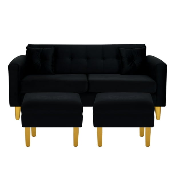 Sofa New Retro 3c + 2 Pouf Felpa 01 Negro