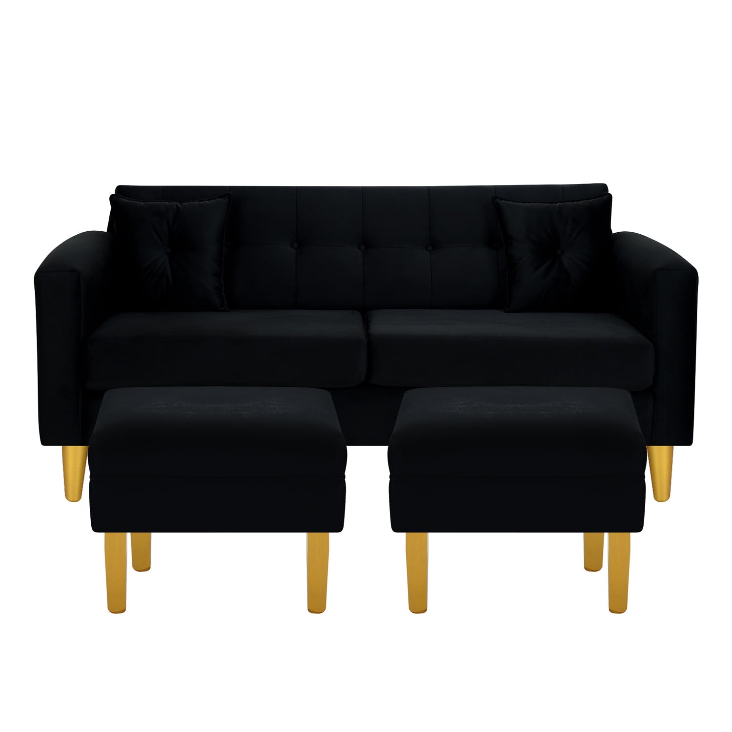 Bodevir - Sofa New Retro 3c + 2 Pouf Felpa 01 Negro