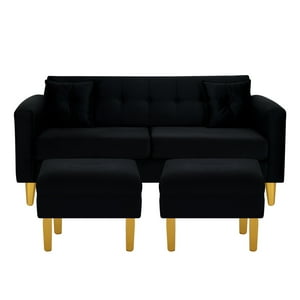 Bodevir - Sofa New Retro 3C + 2 Pouf Felpa 01 Negro