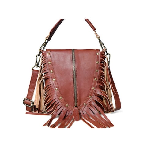 Cartera Crossbody Sharo Western Con Flecos Cuero Marrón