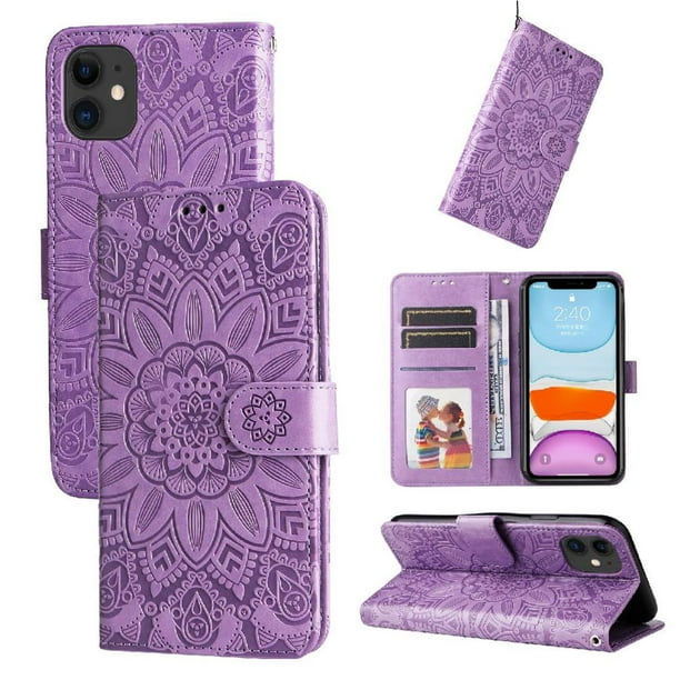 Funda tipo cartera FOXDOCK para iPhone 11 Pro , diseño girasol en relieve, cuero PU, cierre magnético, soporte y tarjetero