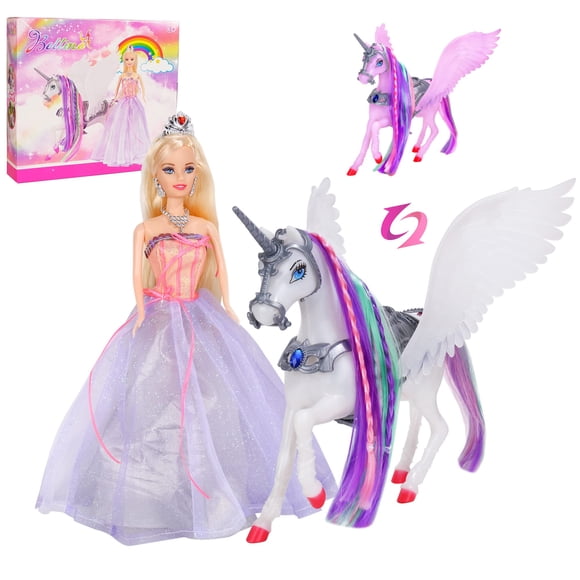 Muñeca BETTINA con unicornio y princesa que cambia de color, 29 cm, con acceso.