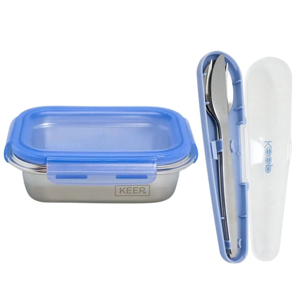 Hermético Keep 650ml Acero + Cubiertos On The Go Azul - PS