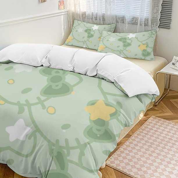 Cute Hello Kitty Thickened Three-piece Bed Set Cartoon Pillowcase Anime Quilt Cover Bedroom Hotel Theme House Vacation Home Holiday Anniversary Gift