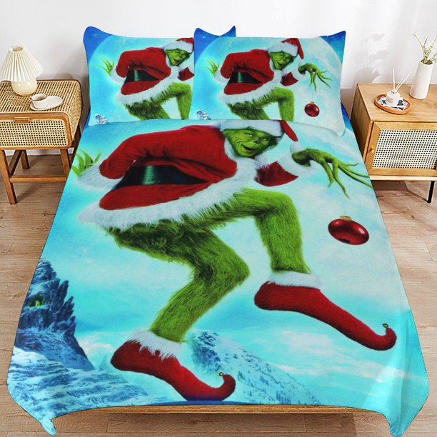 Grinch Bedding Set Duvet Cover Comfortable and Lightweight Cartoon Bedding 3 Piece Bed Set