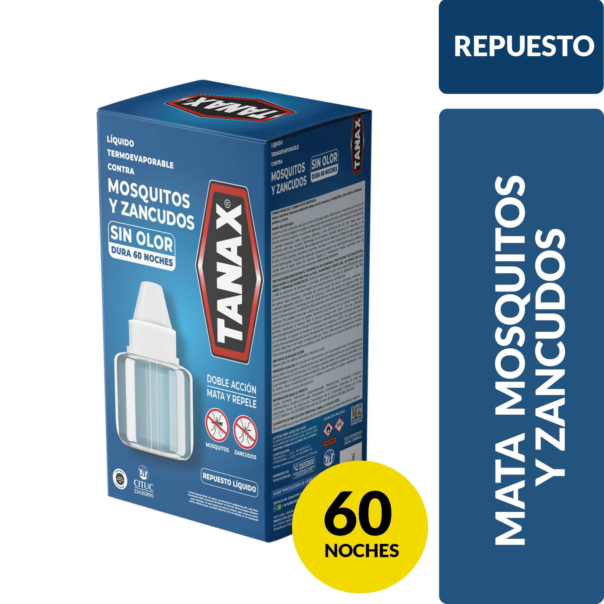 Insecticida Eléctrico Repuesto Termoevaporable Mata Mosquitos Y Zancudos Sin Olor 27.5 ml Tanax