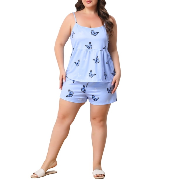 Agnes Orinda Conjunto de Pijama de Dos Piezas para Mujer Talla Grande con Patrón de Corazones, Camiseta de Tirantes y Pantalones Cortos, Conjunto de Ropa de Dormir Suave y Lindo 3X Azul