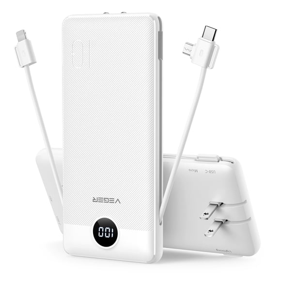 Cargador portátil VEGER de 10000 mAh con cables integrados, color blanco