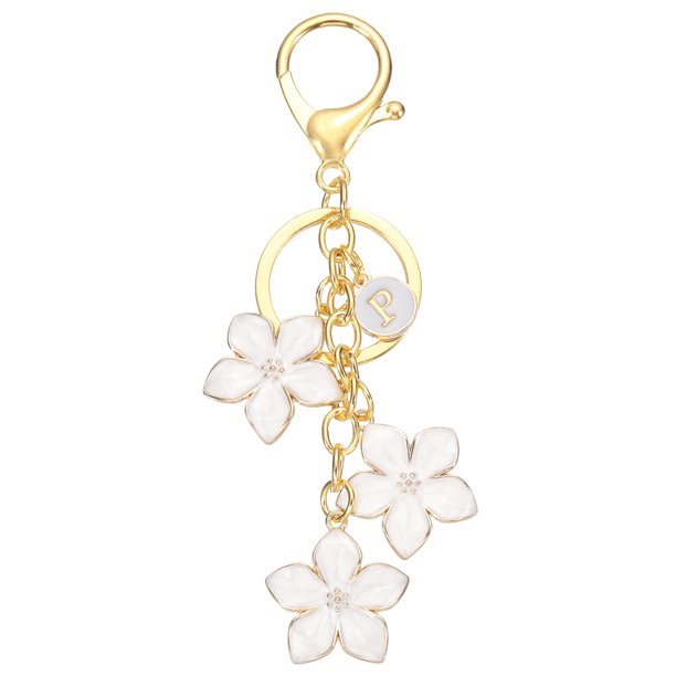 Llavero de Flor con Letra Inicial Uxcell, Encanto de Cerezo Blanco con Letra P y Aceite Goteante