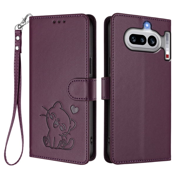 Funda Billetera con Relieve de Gato para Nothing Phone 4A, Morado Oscuro
