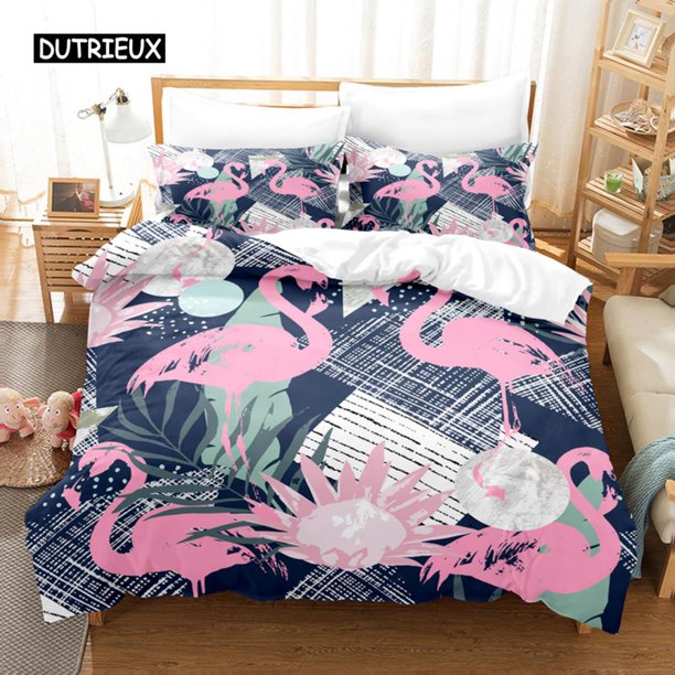 x1732 Bed SheetsFlamingo Duvet Cover Set Tropical Animal Comforter Cover Leaves Palm Leaves Bedding Set Polyester Nature Theme Quilt Cover 3-Piece Bedding Set (1 Duvet Cover + 2 Pillow Shams) nj1732