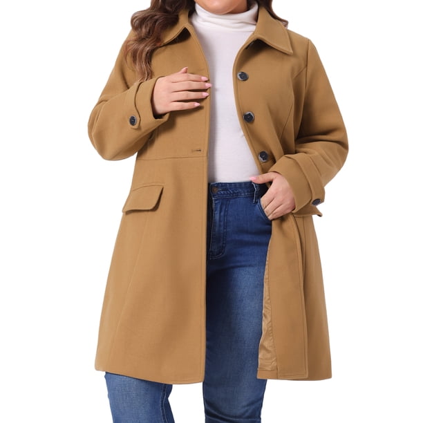 Abrigo de mujer talla grande Agnes Orinda con cuello vuelto, abotonado, cálido, largo con bolsillo 2X Camel