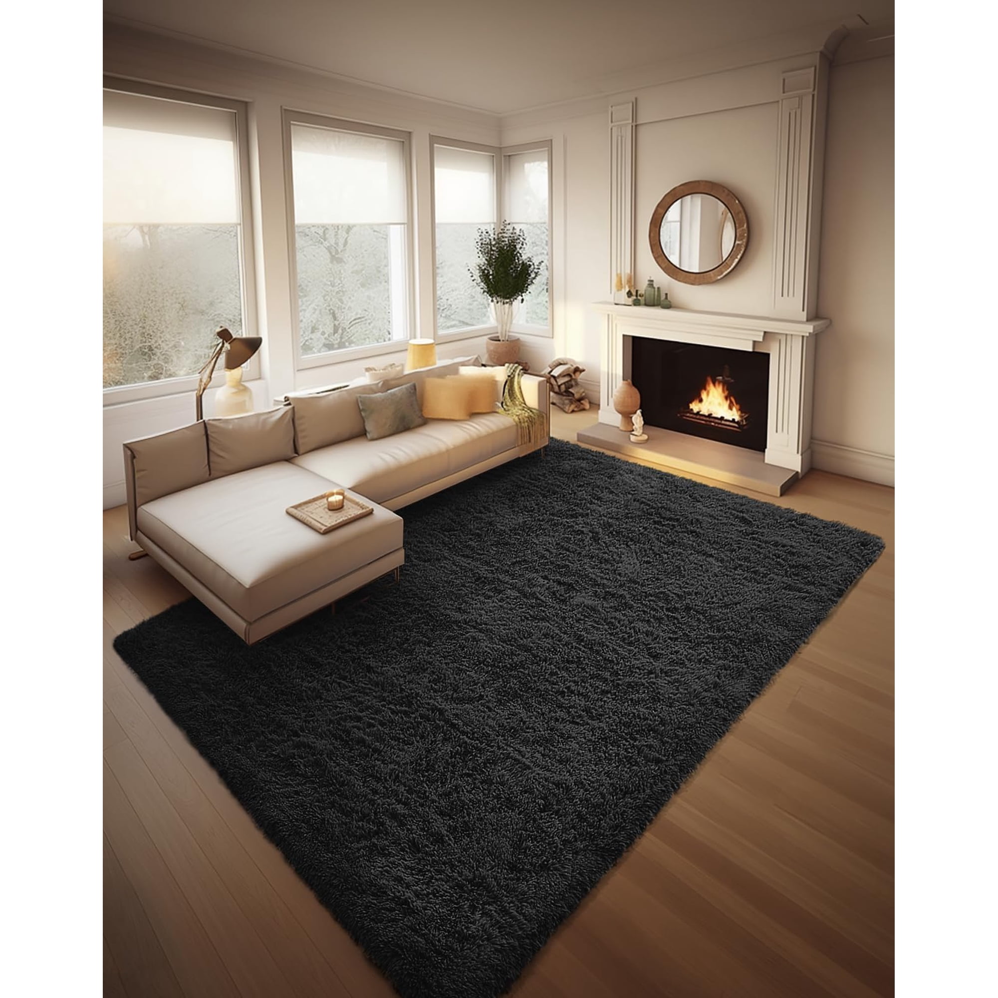 Alfombra Area Ophanie Shaggy Negra Para Sala De Estar, 240 X 300 Cm