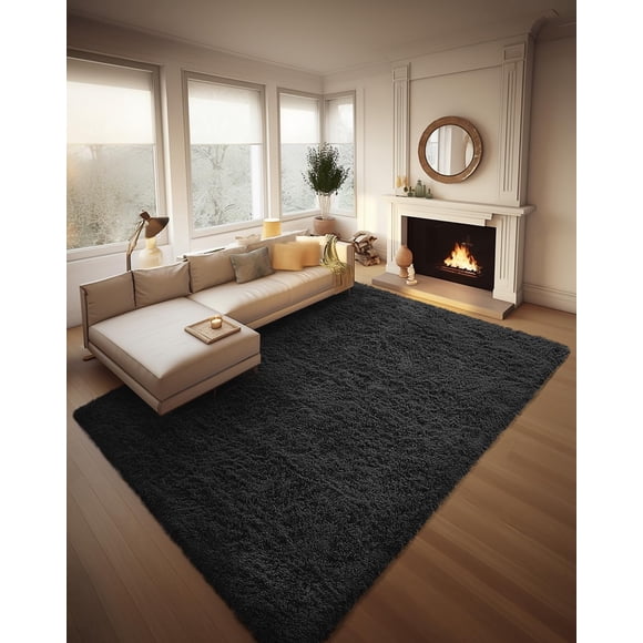 Alfombra Area Ophanie Shaggy negra para sala de estar, 240 x 300 cm
