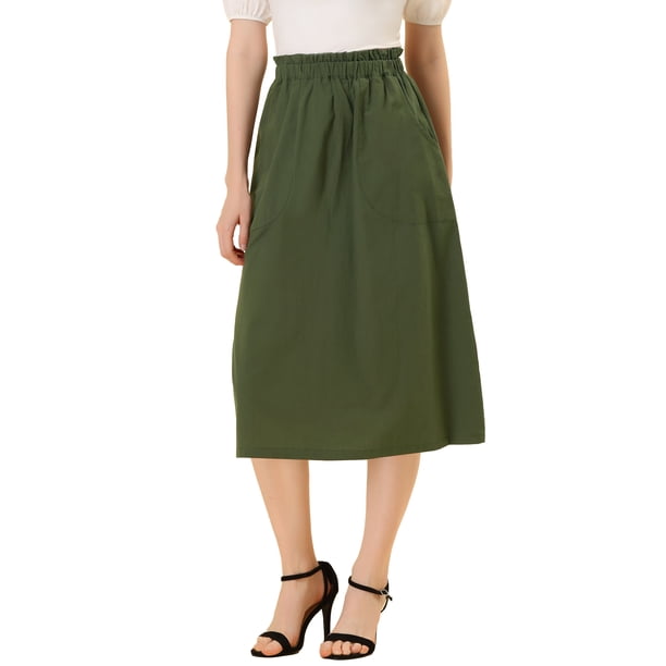 INSPIRE CHIC Falda de Algodón para Mujer Vuelta al Colegio Cintura Elástica Casual Campesina Línea A Midi con Bolsillos Verde Militar XS