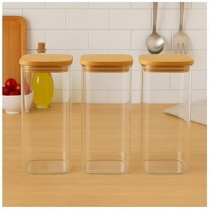 Disparo - Set 3 Frascos Hermeticos Cuadrado 1400Ml Vidrio 15Cm Tapa Bambú