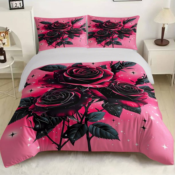 Black Rose And Pink Star Print bedding Includes One Duvet Cover And Two Pillowcases Without Filling for Bedroom Hotel Guesthouse And Dormitory Use