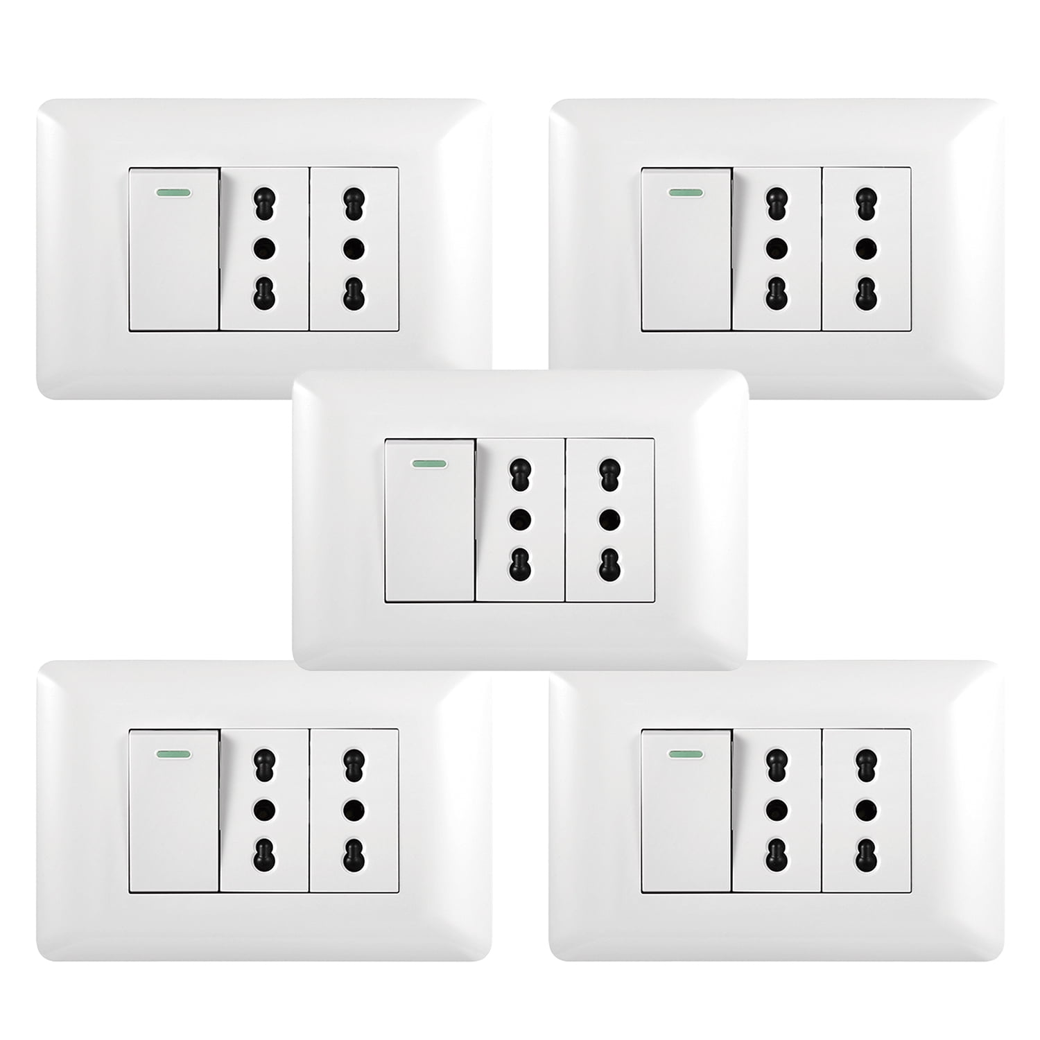 Genérico - Pack 5 Tomacorriente Doble 10/16a 250v + Interruptor Simple 9/12 10a Blanco