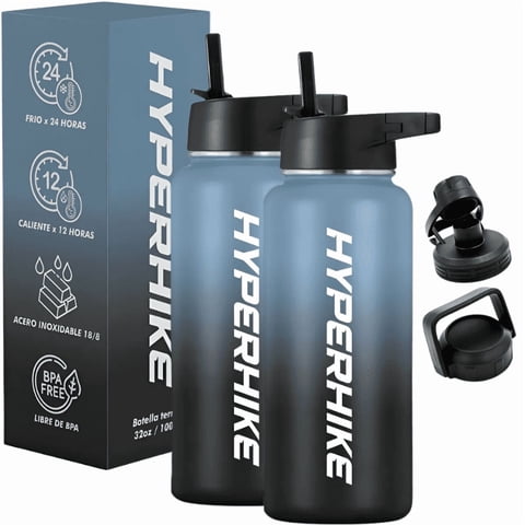 Pack 2 Termo Acero Inoxidable 1Lt Hyperhike + 6 Tapas Azul / Azul