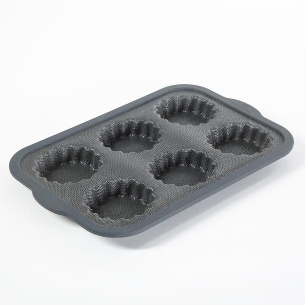Calphalon Omni Mini Molde para Tartas de 6 Cavidades con Tecnología GlassFlex, Silicona Flexible y Núcleo de Vidrio Microtejido para Flujo de Aire Ultra y Horneado Uniforme, Gris