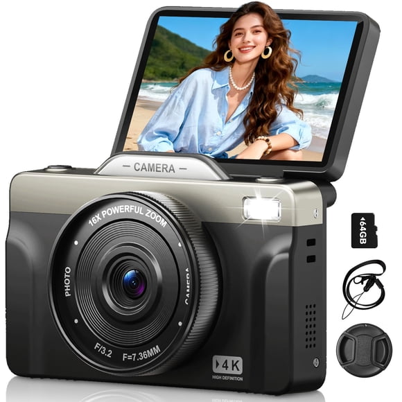 Cámara digital FieGsom 4K 64 MP con enfoque automático y pantalla abatible de 180° para vlogging