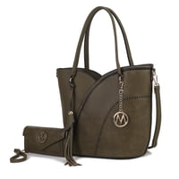 Bolso Tote Con Cartera De Muñeca Para Mujer, Mkf Collection, Set De Bolso De Hombro En Cuero Vegano - Oliva