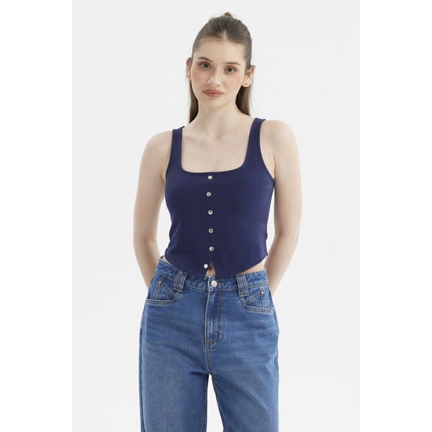 Polera Mujer Escote Cuadrado Botones Falsos Azul Oscuro