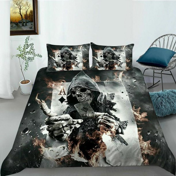Skeleton Skull Grim Reaper Pokers Print Quilt Duvet Cover Set Queen Pillowcase3-Piece Bedding Set