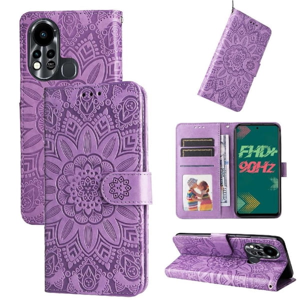 Funda tipo cartera FOXDOCK para Infinix Hot 11s , diseño girasol en relieve, cuero PU, cierre magnético, soporte y tarjetero