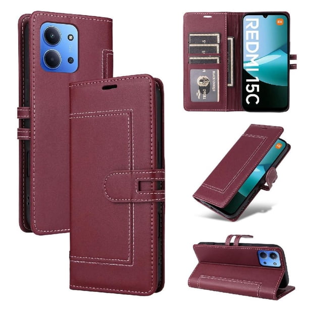 Premium Wallet Case for Xiaomi Redmi 15C with Card Slots & Kickstand, Flip Cover Red