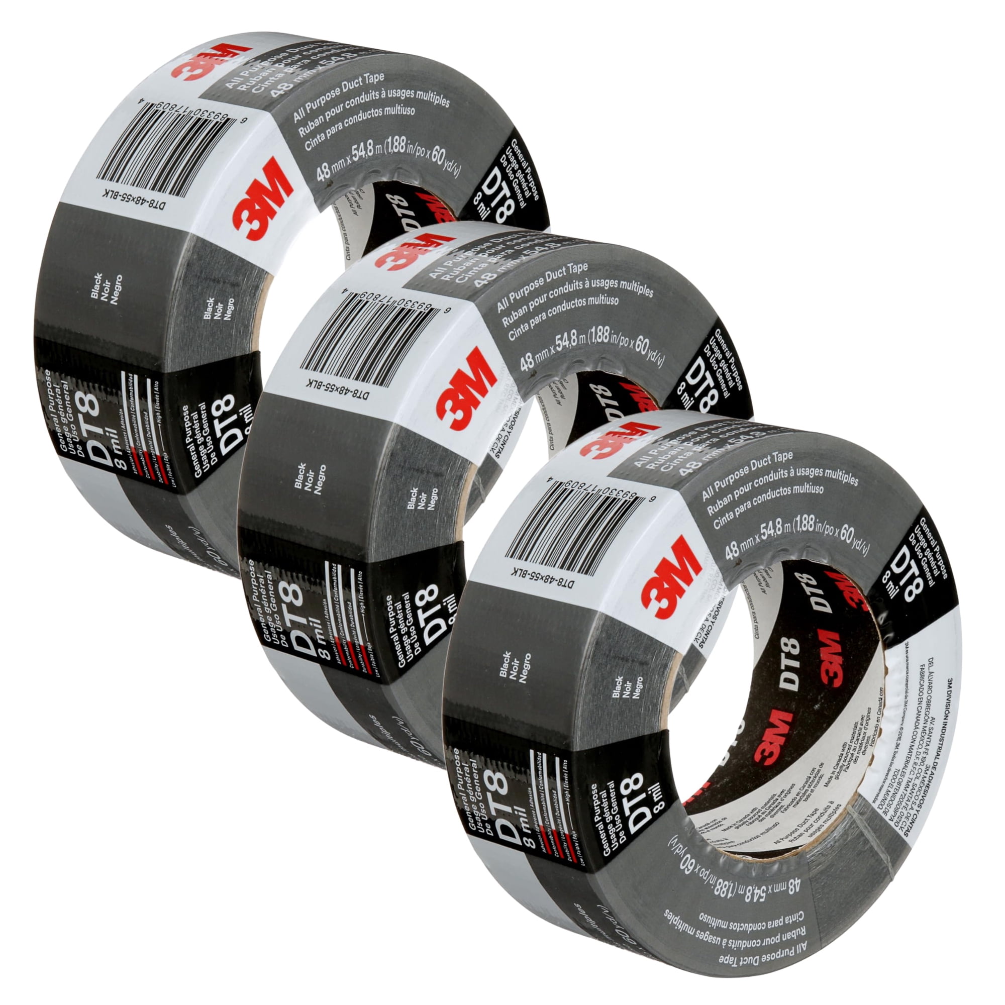 Cinta Adhesiva 3m Dt8 De Resistencia Industrial, 1,88 Cm X 55 M, Paquete De 3 Unidades, Negra