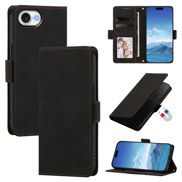 Funda Billetera Delgada para iPhone 17e / 16e con Ranuras y Soporte Negro