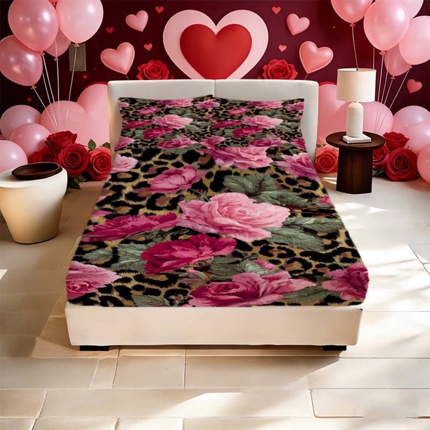 Leopard Print Rose Pattern Fitted Sheet Set a Must-have for Home and Guest Rooms Features Deep Pockets for Secure Fit Without Shifting Soft and Breathable for a