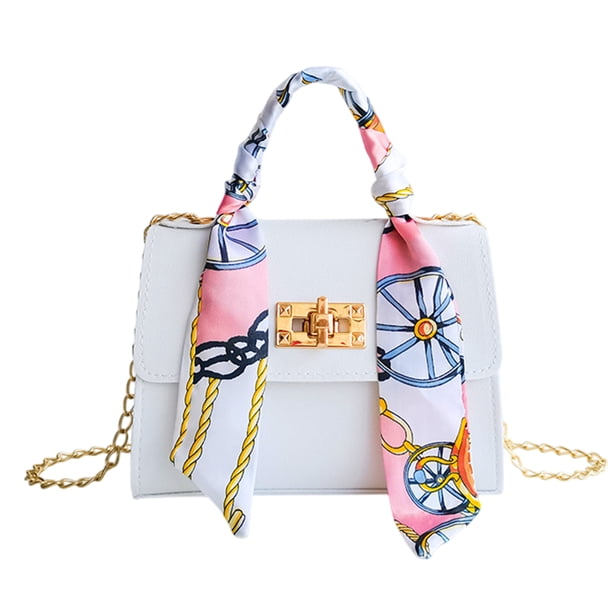 Bolso de mano de moda para mujer, diseño de bufanda de seda, mini bolso de cadena, bolso bandolera de hombro.
