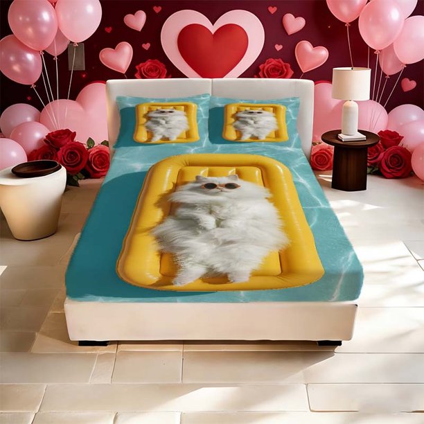 White Cat Wearing Fashion Glasses Printed Fitted Sheet Set Stylish yet Warm and Romantic Suitable for All Seasons! Ideal for Family and Friends Perfect as a Hol